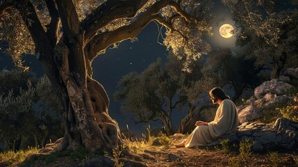 Jesus Christ praying in the Garden of Gethsemane, surrounded by olive trees, moonlight casting a serene glow, a moment of deep faith, contemplation, and spiritual connection, banner