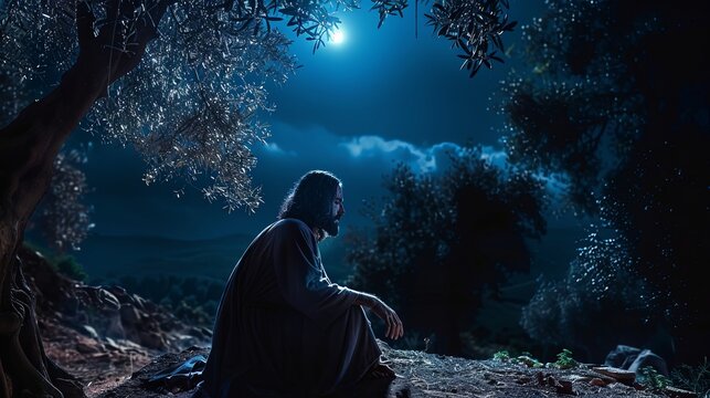Jesus Christ praying in the Garden of Gethsemane, surrounded by olive trees, moonlight casting a serene glow, a moment of deep faith, contemplation, and spiritual connection, banner