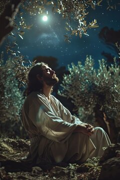 Jesus Christ praying in the Garden of Gethsemane, surrounded by olive trees, moonlight casting a serene glow, a moment of deep faith, contemplation, and spiritual connection, banner