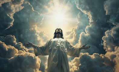 Obraz premium A majestic depiction of Jesus Christ standing among the clouds with arms outstretched, bathed in heavenly light, divine grace, serenity, spiritual guidance in celestial setting, Banner with copyspace