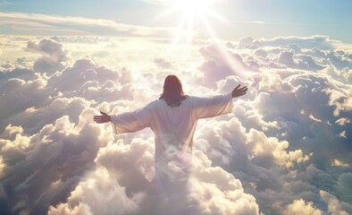 A majestic depiction of Jesus Christ standing among the clouds with arms outstretched, bathed in heavenly light, divine grace, serenity, spiritual guidance in celestial setting, Banner with copyspace