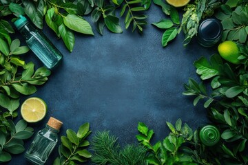 Bottle of gin next to a bunch of green leaves, copy space, plant background