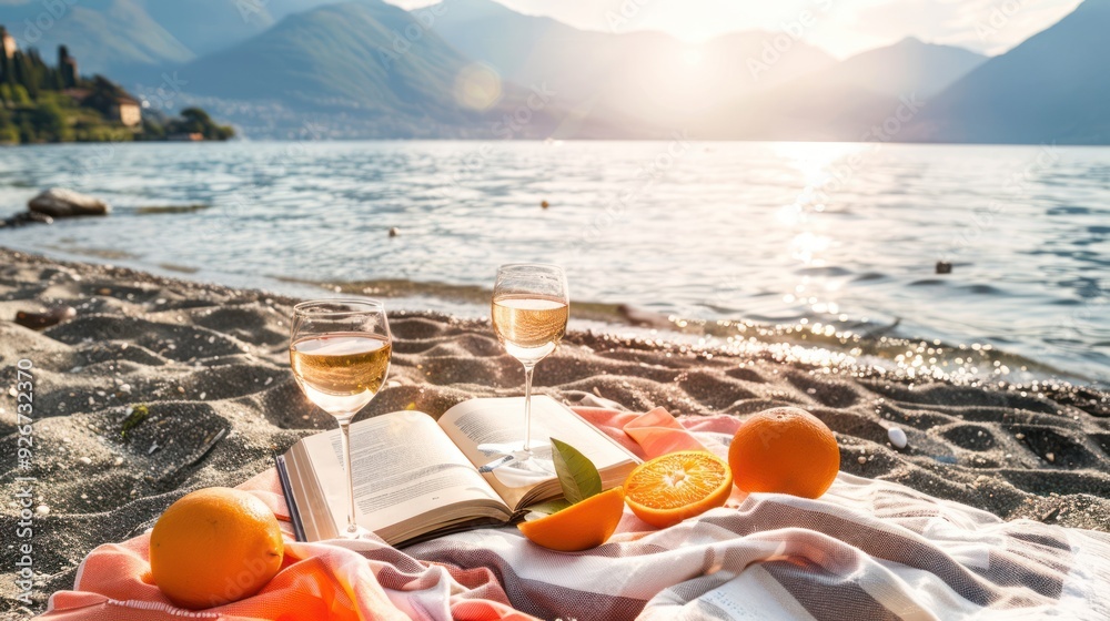 Wall mural Relaxing Beach Picnic with Wine and Oranges