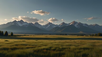 A dramatic mountain landscape with a vast, open field at the base, under a sky filled with soft, drifting clouds.