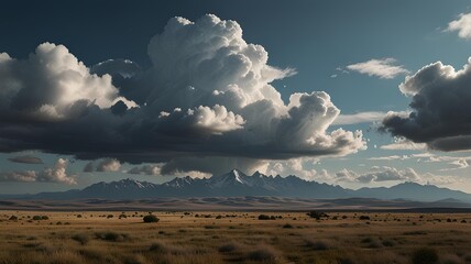 A sweeping view of mountain peaks with a vast, open meadow in the foreground, under a wide, clear sky.