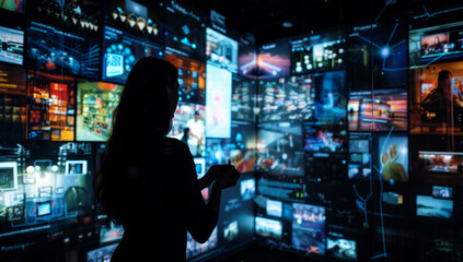 Young woman interacting with multiple digital screens displaying various data and information,