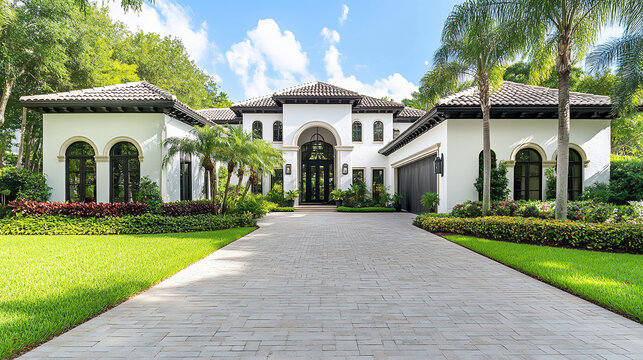 Luxurious Florida Home With White Stucco, Black Accents, Large Paver Driveway, Tropical Landscaping, Stone Roof Tiles.
