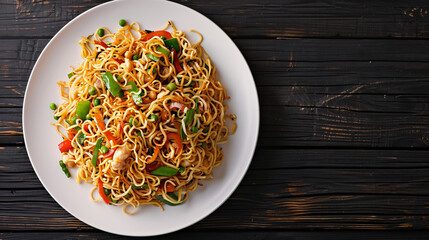 Delicious asian cuisine: chow mein with chicken and vegetables on a white plate, served on a dark wooden table