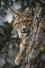 Naklejka premium Inquisitive Lynx Peering Down From Top Of Tree, Yellow Eyes Focused, Capturing A Curious And Alert Expression. 
