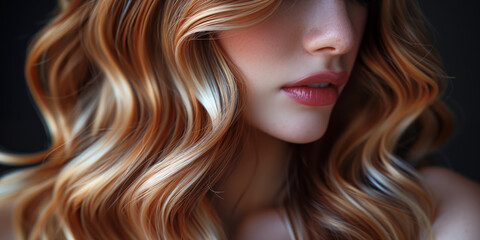 Elegant woman with wavy blonde hair illuminated by warm light against dark background. Concept of beauty, fashion, and femininity.