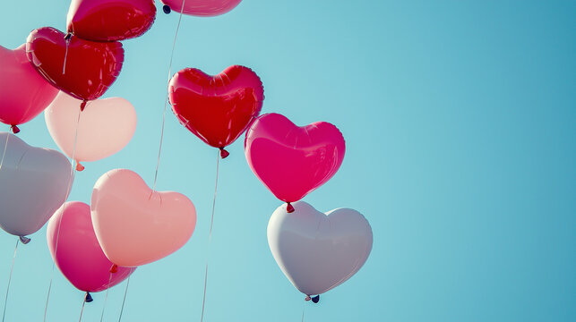 back to schol balloons, heart shapes, red and pink, floating against a clear blue sky