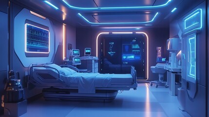 Fototapeta na wymiar Futuristic Hospital with Smart Patient Rooms: Hospital rooms equipped with AI for patient monitoring and care.