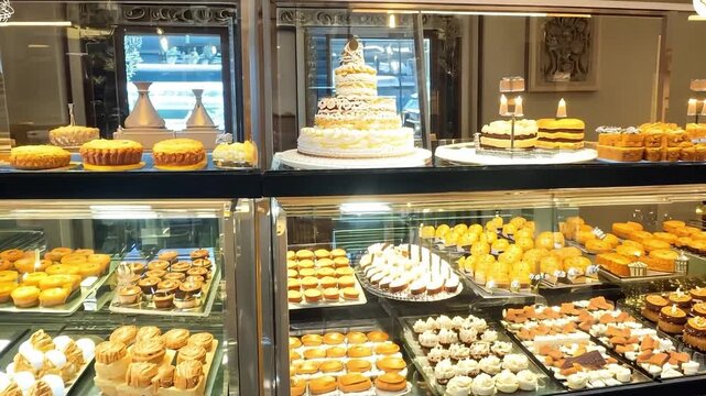 Pastry chef arranging display of delicious desserts in bakery shop window