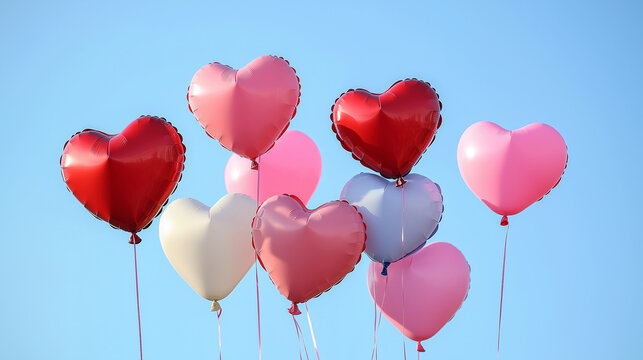 back to schol balloons, heart shapes, red and pink, floating against a clear blue sky