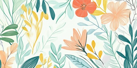 Fototapeta premium Beautiful floral pattern with pink, yellow, and green leaves and flowers on white background.