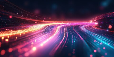 Fototapeta premium Abstract digital art with glowing lines and particles.