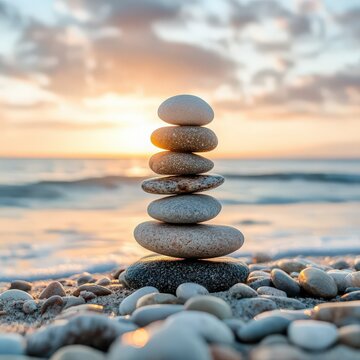 Balanced zen stones at sunset on a tranquil beach