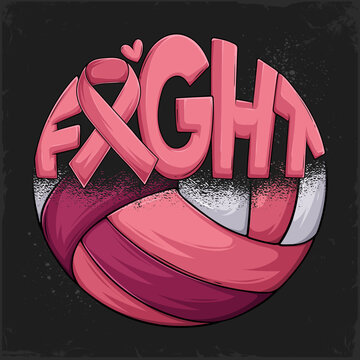 Hand drawn Breast Cancer awareness half pink Volleyball ball fight word calligram with pink ribbon
