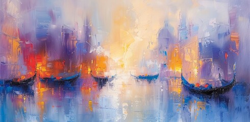 A captivating sunset reflects off calm waters, with boats gently floating in a vibrant cityscape