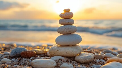 Fototapeta premium Stacked zen stones on a beach at sunset