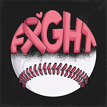 Hand drawn Breast Cancer awareness half pink stitched Baseball ball fight calligram with pink ribbon