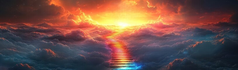 Fototapeta premium Fiery sunset with a path of light through clouds.