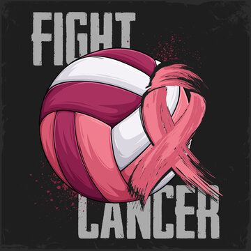 Hand drawn Breast Cancer awareness pink Volleyball ball with pink ribbon female hope fight concept