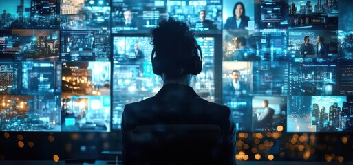 A video conference with participants from various fields, represented by icons of their professions close up on expertise exchange dynamic Overlay backdrop of a digital cityscape