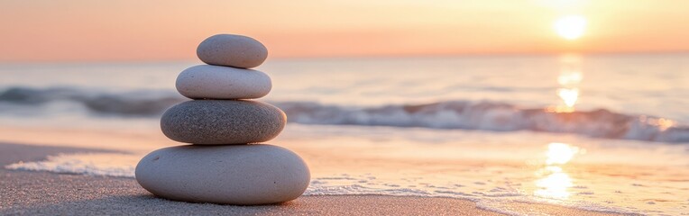 Balanced zen stones on a beach during sunset with gentle waves