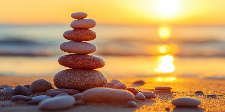 Balanced zen stones at sunset on a tranquil beach
