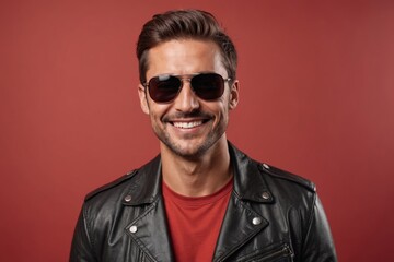 Fototapeta premium Photo of cheerful inspired man wearing dark sunglasses look empty space toothy smile wear sunglass leather jacket isolated on red color background