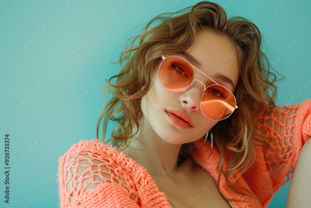 Sticker Woman in spring fashion poses with sunglasses against blue