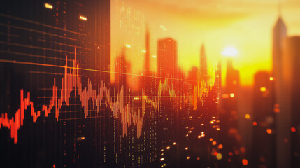 Abstract with pastel colorful charts and graphs with statistics to analyze business potential and forecast future development of companies growth. with city skyline and modern building background