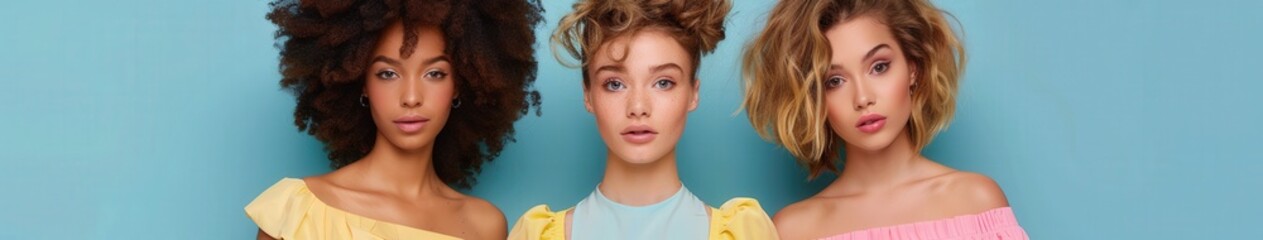 Naklejka premium Spring fashion showcase featuring diverse models against a vibrant backdrop