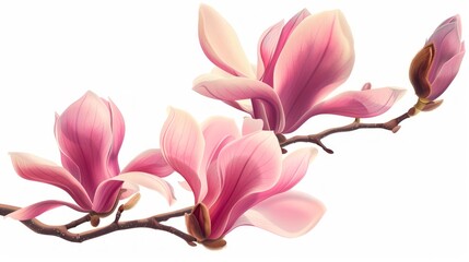 Fototapeta premium Beautiful magnolia flowers in soft pink hues are elegantly displayed on a slender branch. The image captures the delicate essence of nature. Floral art for home decor. AI