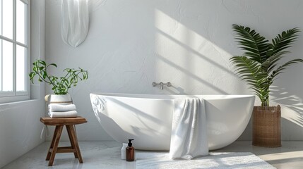 Serene bathroom featuring a modern bathtub, greenery, and natural light, perfect for relaxation and self-care.
