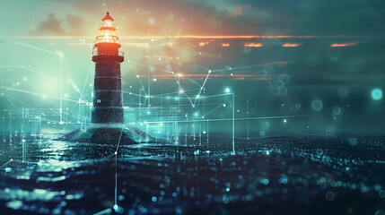 Towering lighthouse in a futuristic, digital world. Evolving technology and the potential for progress. A guide, inspiring innovation and leadership towards a brighter future. 
