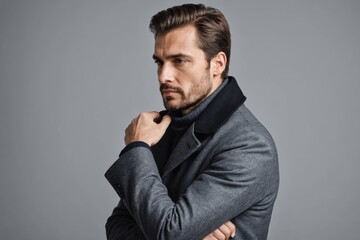Fototapeta premium side view of a man with coat on shoulder holding his elbow and looks away on grey background