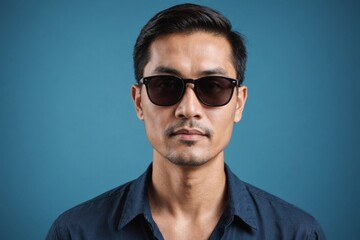 Obraz premium travel asian man wearing dark sunglasses portrait, isolated on blue background