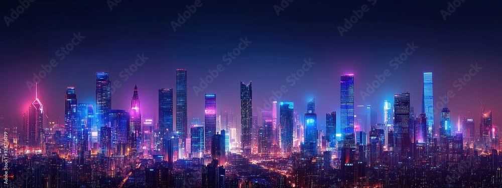 Wall mural city background night cyberpunk building light street dark cyber technology. cityscape night backgro