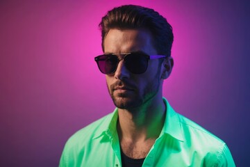 Obraz premium Modern man's portrait in sunglasses isolated on studio background in neon light