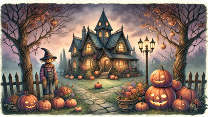 Watercolor illustration of a spooky Halloween house surrounded by  pumpkins and a scarecrow