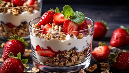 Granola with yogurt and strawberries in a glass.
