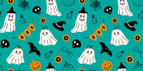 Halloween seamless pattern with cute baby ghosts, witch hat, boo garland, pumpkins, bat, skull, flowers, bows, spider web and potion bottles. Vector illustration for October holiday.