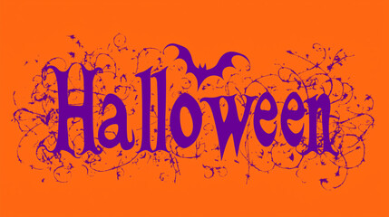Halloween Text in Purple with Bat Silhouette and Ornamental Design on Orange Background