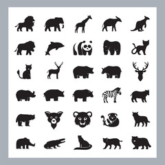 
Set of logotype icons Lion, Elephant, Tiger, Giraffe, Kangaroo, Panda, Gorilla, dolphin, cat, deer, Polar Bear, Zebra, Hippopotamus illustration silhouettes in white background