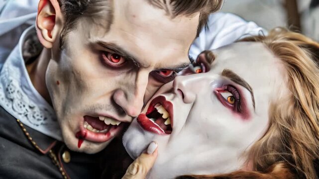 Vampire couple in a passionate embrace, showcasing sharp fangs and intense expressions, creating a dramatic and eerie atmosphere. Perfect for horror, Halloween, and gothic romance concepts