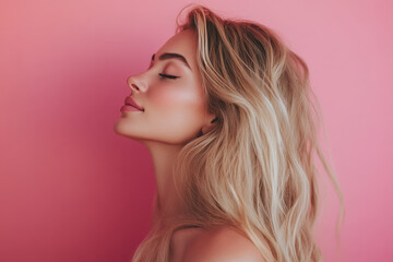 Fototapeta premium A close up of a black woman's face with her eyes closed and long blond hair