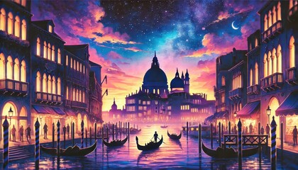 Obraz premium Artwork of Venice with its iconic canals and St. Mark's Basilica, as sky transitions from sunset to twilight