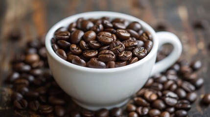 A white cup, filled to the top with coffee beans. AI generative.